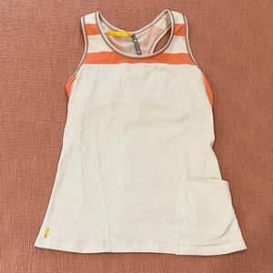 Lole med exercise Tank top with orange accents front pocket and headphone loop